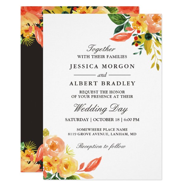 Rustic Autumn Peach Watercolor Floral Fall Wedding Card (front side)