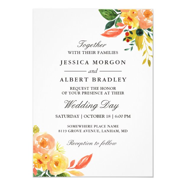 Rustic Autumn Peach Watercolor Floral Fall Wedding Invitation