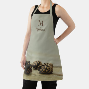 Rustic Autumn Pinecones Farmhouse Style Monogram Apron