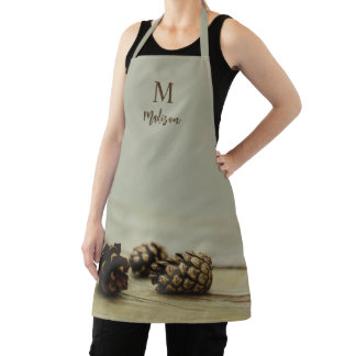 Rustic Autumn Pinecones Farmhouse Style Monogram Apron