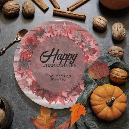 Rustic Autumn Pink Floral Wreath Thanksgiving Paper Plates