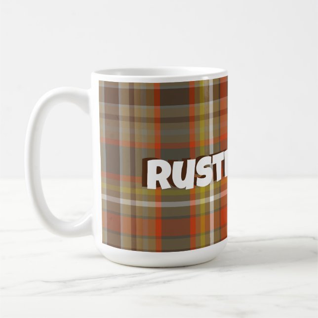 Rustic Autumn Plaid Brown Orange Gray Gold White Coffee Mug (Left)