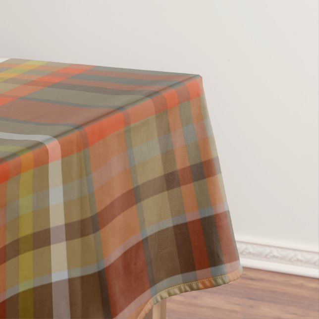 Rustic Autumn Plaid Brown Orange Gray Gold White Tablecloth (In Situ)