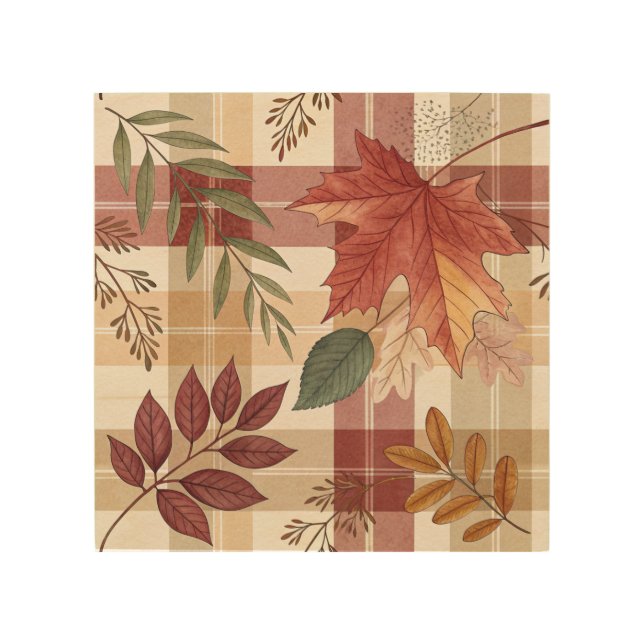 Rustic Autumn Plaid & Leaves | Wood Wall Art (Front)