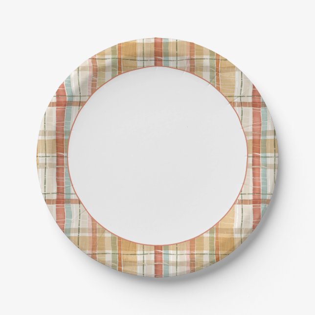 Rustic Autumn Plaid Watercolor Pattern Paper Plates (Front)