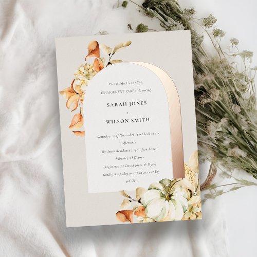 Rustic Autumn Pumpkin Arch Floral Engagement  Foil Invitation