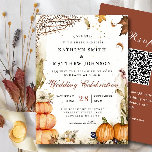 Rustic Autumn Pumpkin Botanical Fall Wedding QR Invitation
