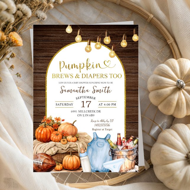 Rustic Autumn Pumpkin Brews & Diapers Baby Shower Invitation (Creator Uploaded)