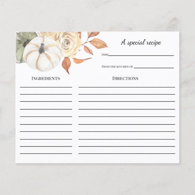 Rustic Autumn Pumpkin Bridal Shower Recipe card (Front)