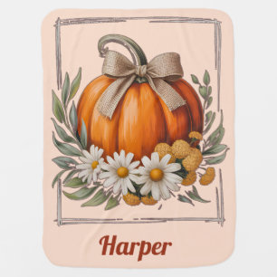 Rustic Autumn Pumpkin Burlap Bow Daisies Harvest Baby Blanket