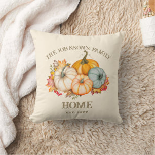 Rustic Autumn Pumpkin Family Home Watercolor Throw Pillow
