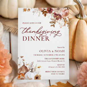 Rustic Autumn Pumpkin Floral Thanksgiving Dinner Invitation