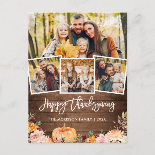 Rustic Autumn Pumpkin Floral Thanksgiving Photo Postcard - Rustic Wood Autumn Pumpkin Floral Thanksgiving Photo Collage Postcard. 
(1) For further customization, please click the "customize further" link and use our design tool to modify this template.
(2) If you need help or matching items, please contact me.