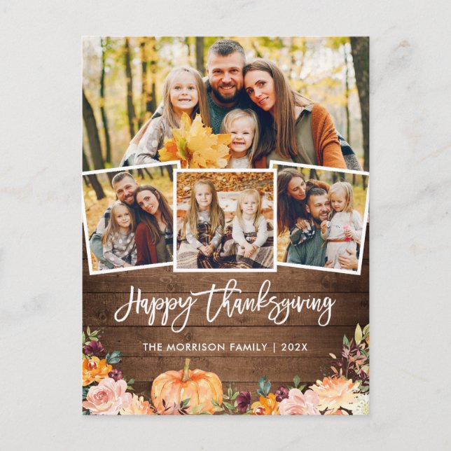 Rustic Autumn Pumpkin Floral Thanksgiving Photo Postcard (Front)