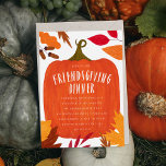 Rustic Autumn Pumpkin Friendsgiving Dinner Invitation<br><div class="desc">Rustic thanksgiving/friendsgiving dinner invitations featuring a charming pumpkin surrounded by colorful autumn leaves and acorns in shades of orange, brown, green, yellow, and red. Your dinner details are featured in white text with "Friendsgiving Dinner" displayed in a handwritten font style. The invite reverses to display a textured brown background. Use...</div>