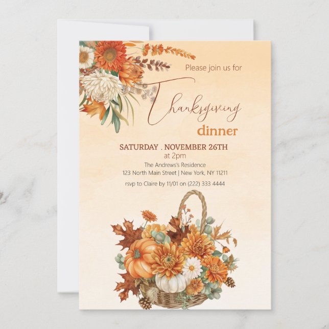 Rustic Autumn Pumpkin Thanksgiving Dinner Invitation (Front)