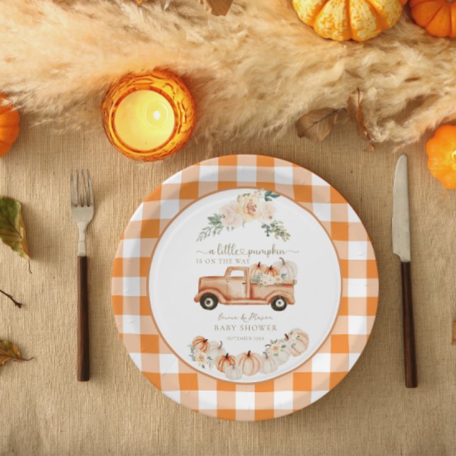 Rustic Autumn Pumpkin Truck Plaid Baby Shower Paper Plates (Creator Uploaded)