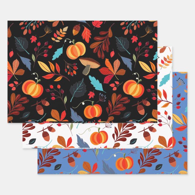 Rustic Autumn Pumpkins 3-set Wrapping Paper Sheets (Set)