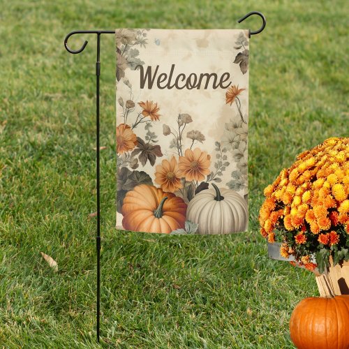 Rustic Autumn Pumpkins and Flowers Welcome Garden Flag