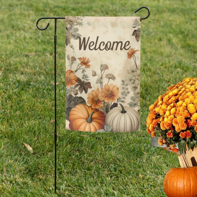 Rustic Autumn Pumpkins and Flowers Welcome Garden Flag (Creator Uploaded)
