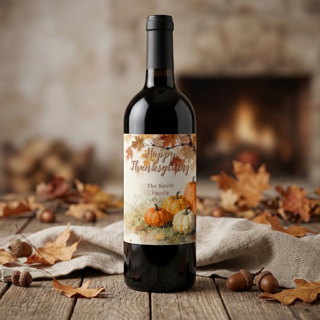 Rustic Autumn Pumpkins and Leaves Thanksgiving Wine Label (Creator Uploaded)