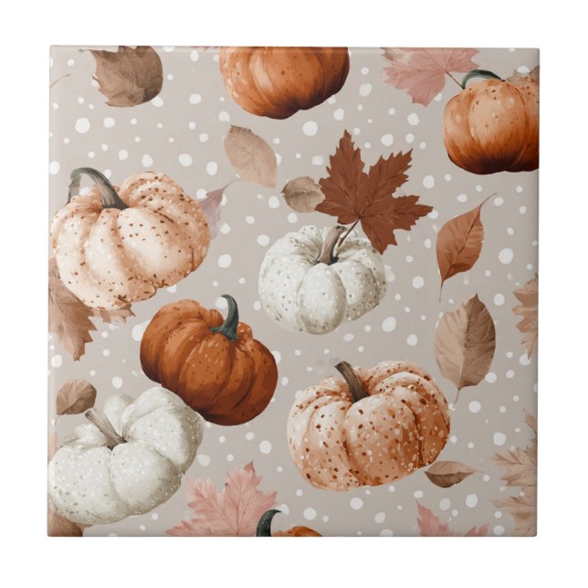 Rustic Autumn Pumpkins & Fall Leaves (2) Ceramic Tile (Front)