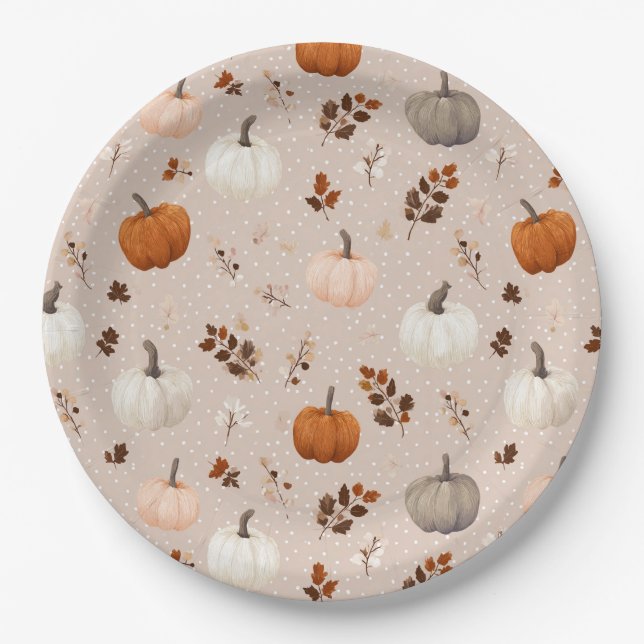Rustic Autumn Pumpkins & Fall Leaves Paper Plates (Front)