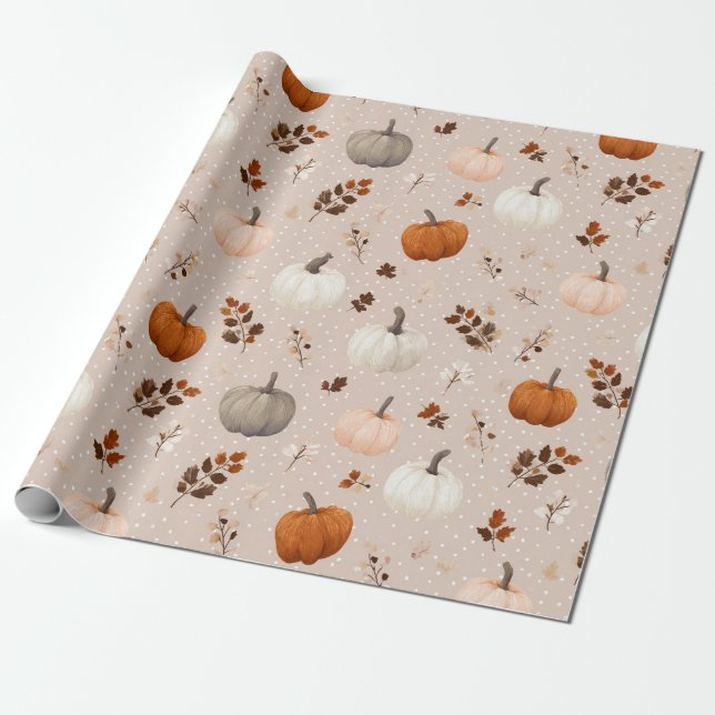 Rustic Autumn Pumpkins & Fall Leaves Wrapping Paper (Unrolled)