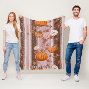 Rustic Autumn Pumpkins & Floral Lace Seamless Fleece Blanket