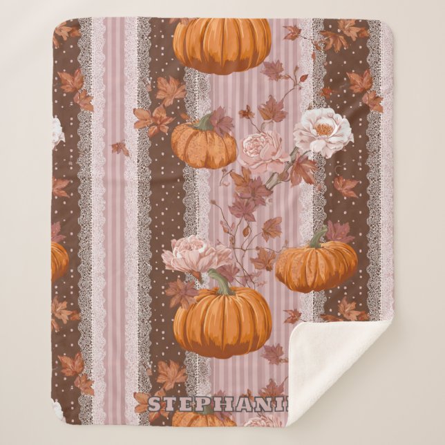 Rustic Autumn Pumpkins & Floral Lace Seamless Sherpa Blanket (Front)