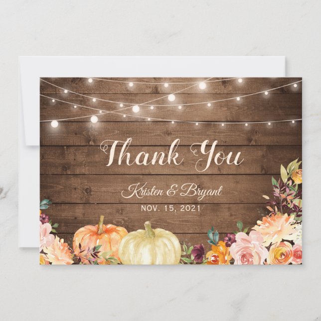 Rustic Autumn Pumpkins Floral String Lights Thank You Card (Front)