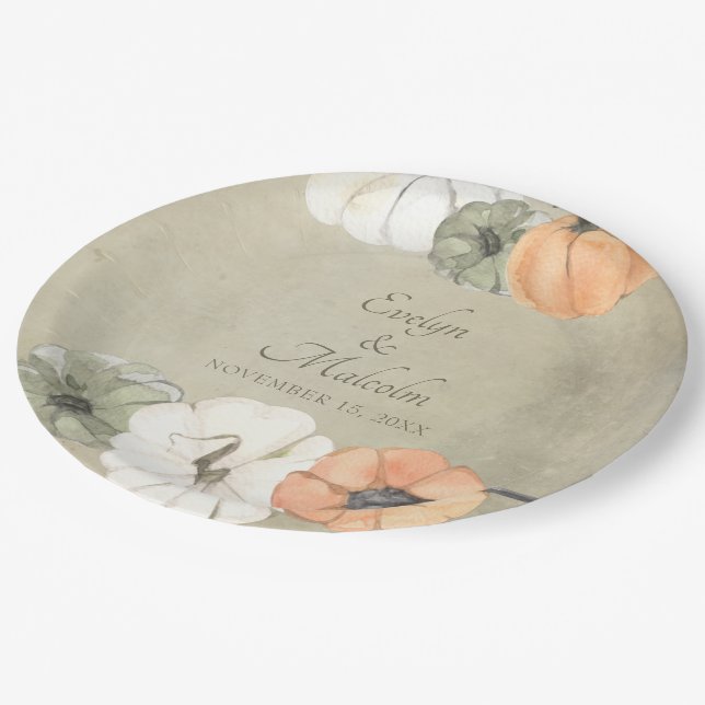 Rustic Autumn Pumpkins Personalized Wedding Paper Plates (Angled)