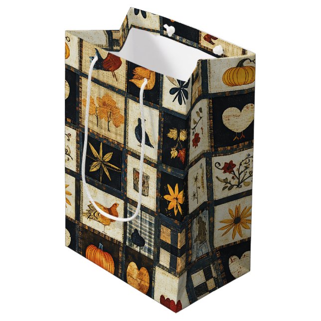 Rustic Autumn Quilt Pattern | Farmhouse Patchwork Medium Gift Bag (Front Angled)