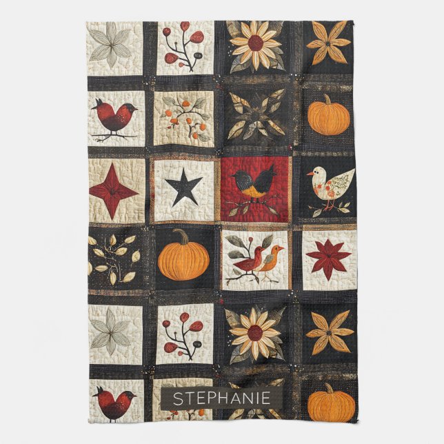 Rustic Autumn Quilt Pattern | Harvest Folk Motifs Kitchen Towel (Vertical)
