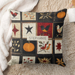 Rustic Autumn Quilt Pattern Harvest Folk Motifs Throw Pillow