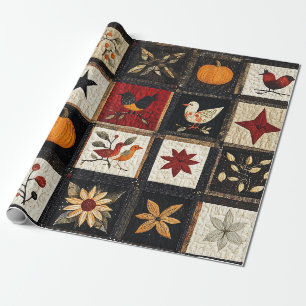 Rustic Autumn Quilt Pattern Harvest Folk Motifs Wrapping Paper