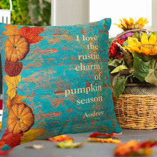 Rustic Autumn Red Leaves & Pumpkins Inspirational Throw Pillow