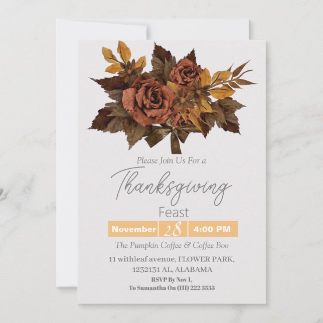Rustic Autumn Rose Watercolor Thanksgiving Dinner Invitation (Front)