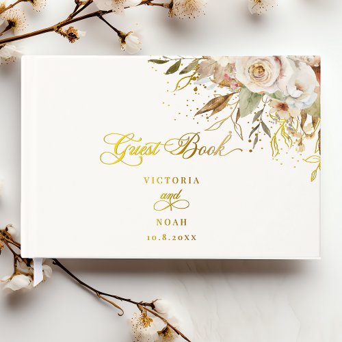 Rustic Autumn Roses Botanical Script Foil Guest Book