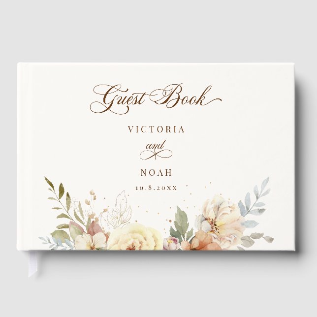 Rustic Autumn Roses Botanical Script Guest Book (Front)