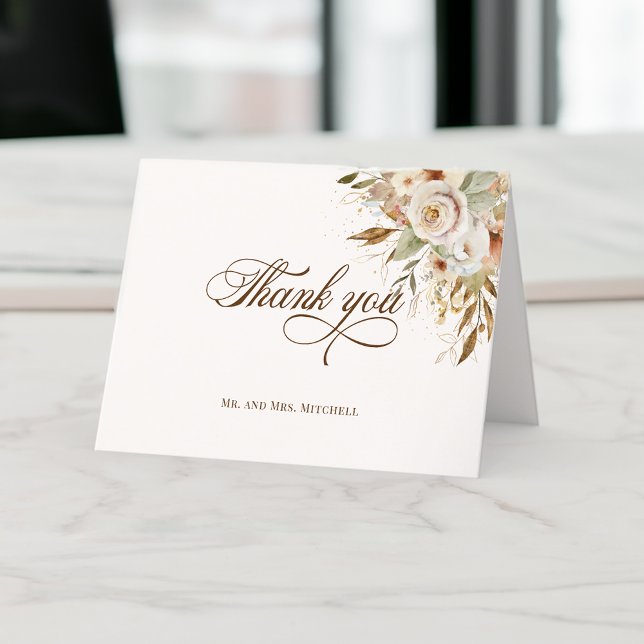 Rustic Autumn Roses Botanical Script Letterpress Thank You Card (Creator Uploaded)