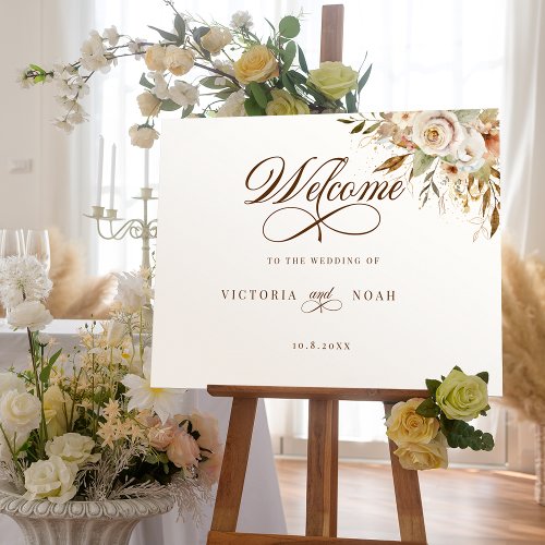 Rustic Autumn Roses Botanical Script Welcome Poster