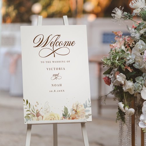 Rustic Autumn Roses Botanical Script Welcome Poster