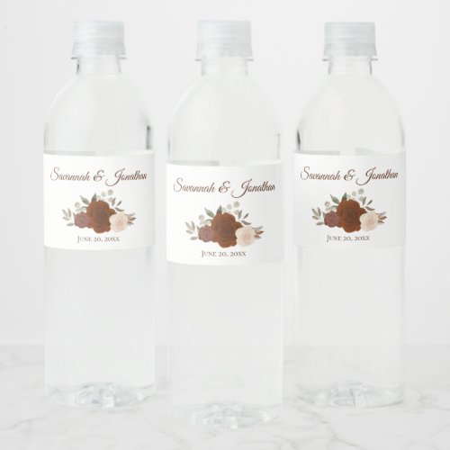 Rustic Autumn Roses Burnt Umber  Orange Wedding Water Bottle Label