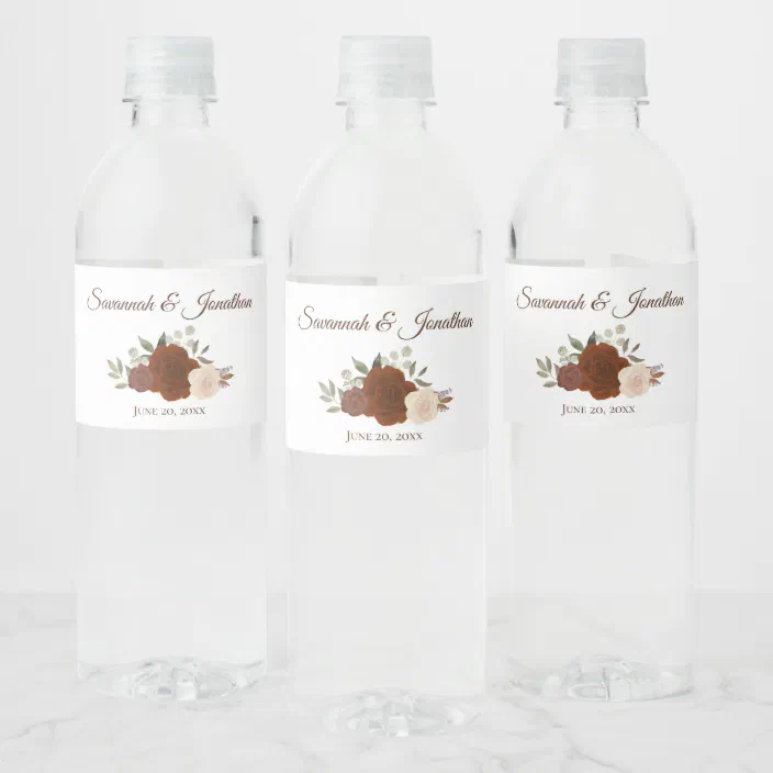 Rustic Autumn Roses Burnt Umber & Orange Wedding Water Bottle Label |  Zazzle.com