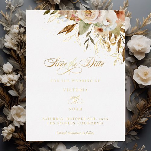 Rustic Autumn Roses Script Save the Date Foil Invitation Postcard