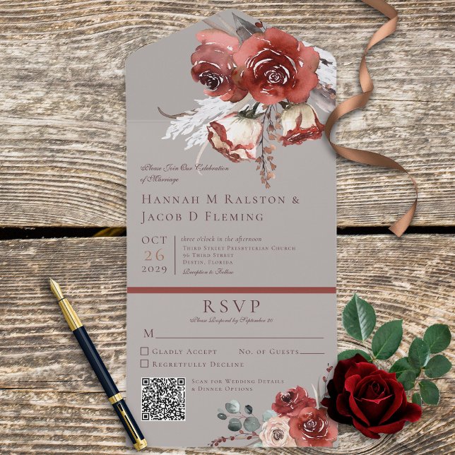Rustic Autumn Rust Floral Gray QR Code All In One Invitation (Creator Uploaded)