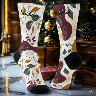 Rustic Autumn Socks with Leaves and Abstract Pears
