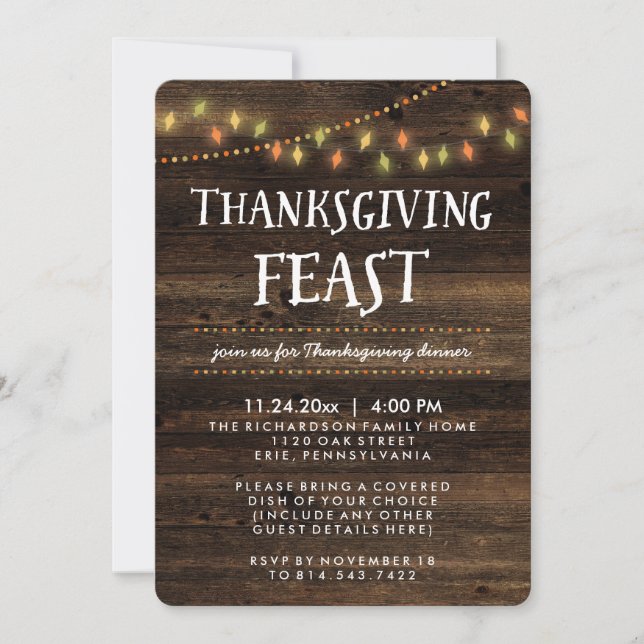 Rustic Autumn String Lights and Wood Thanksgiving Invitation (Front)