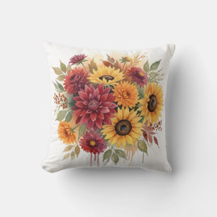 Rustic Autumn Sunflower and Burgundy Dahlia Throw Pillow
